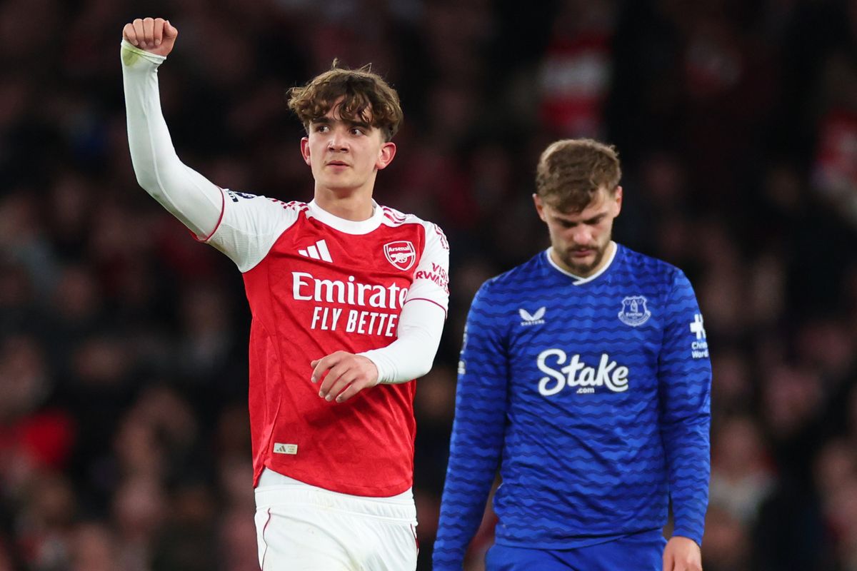 Max Dowman celebrates during the Premier League match between Arsenal and Everton at Emirates Stadium.