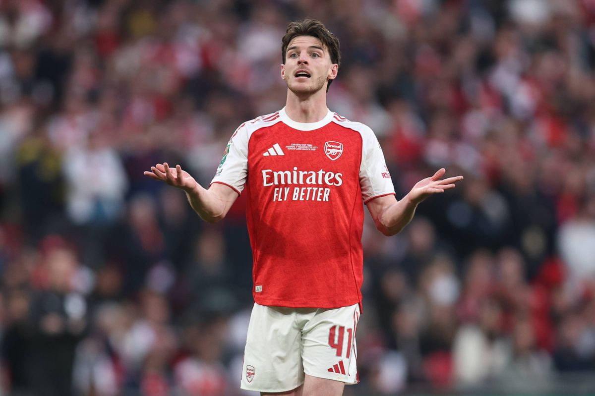 Declan Rice of Arsenal during the Carabao Cup Final match Arsenal and between Manchester City at Wembley Stadium on March 22, 2026 in London, England.