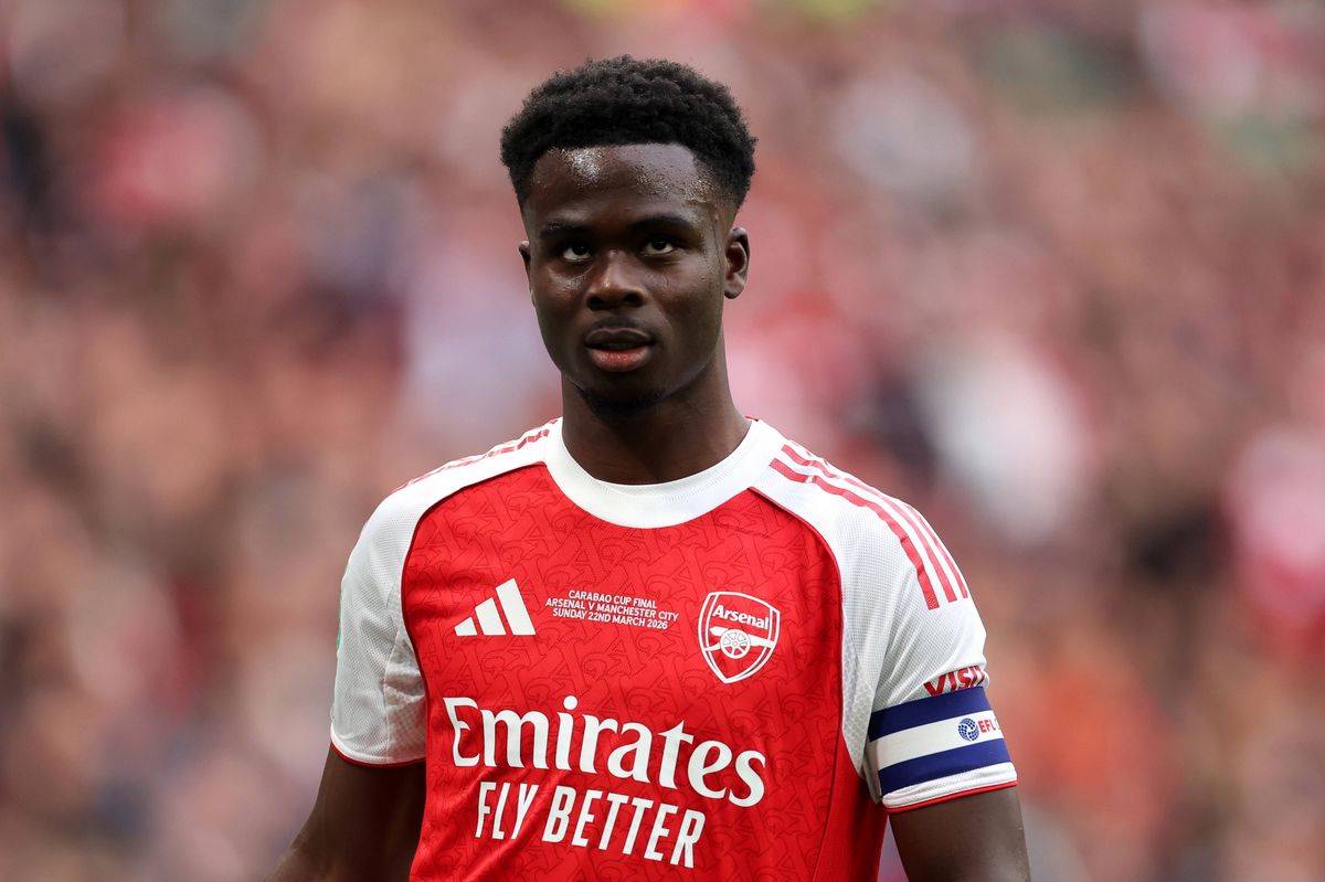 Bukayo Saka of Arsenal looks on during the Carabao Cup Final match between Arsenal and Manchester City at Wembley Stadium on March 22, 2026 in London, England. 