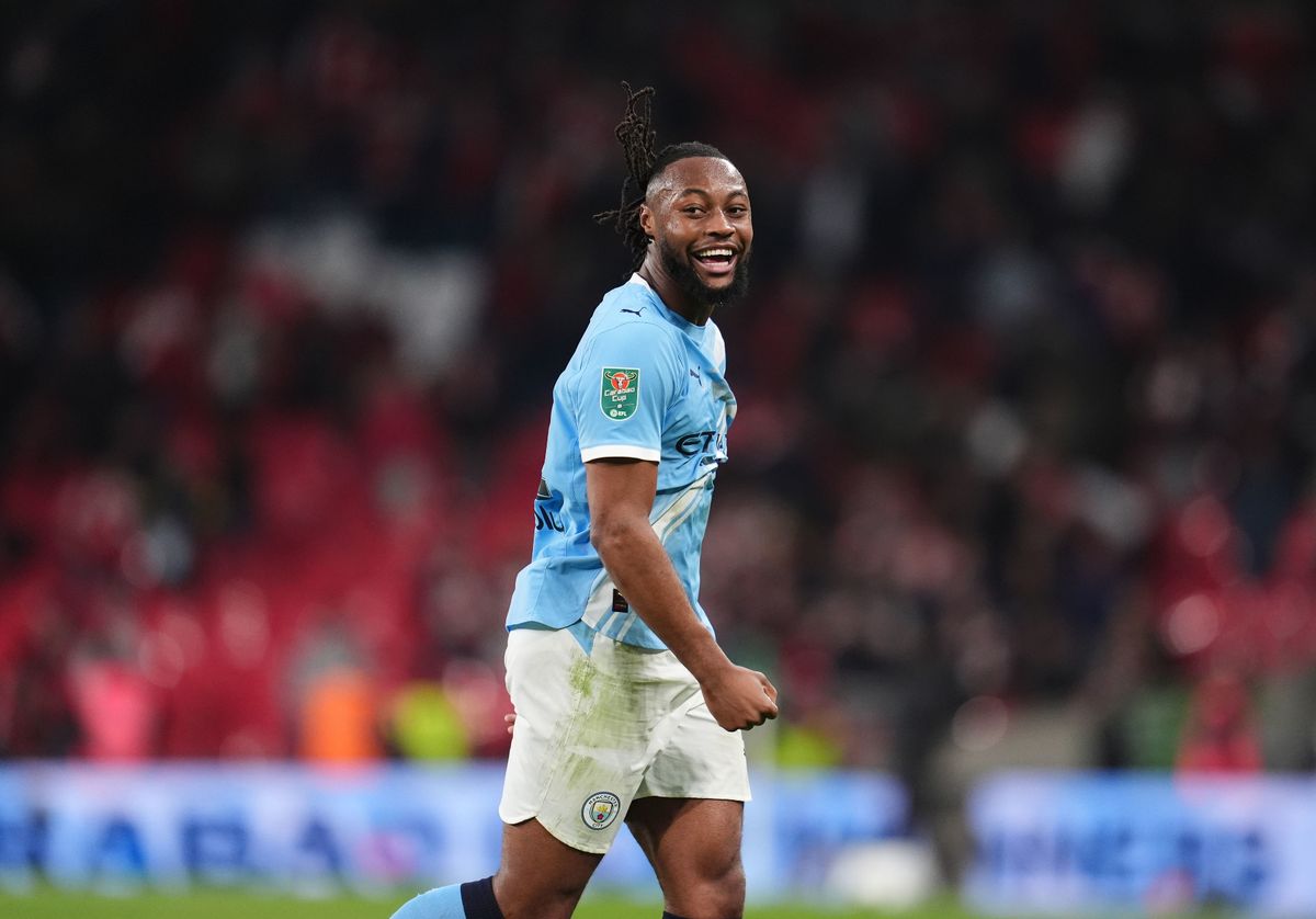 Manchester City's Antoine Semenyo celebrates at the final whistle after the Carabao Cup Final at Wembley Stadium.