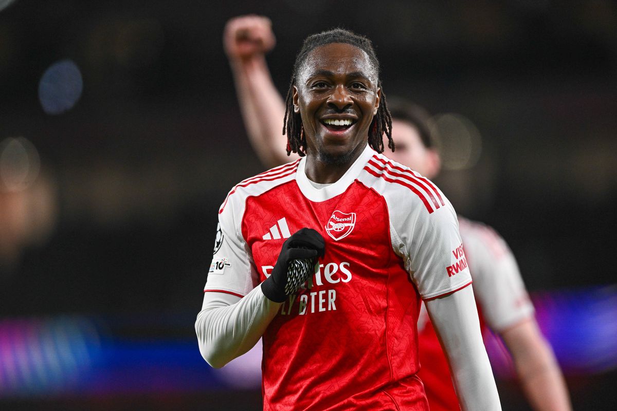 Eberechi Eze celebrates scoring a goal for Arsenal