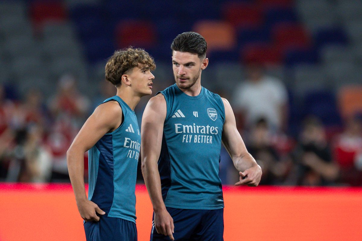 Max Dowman of Arsenal (L) and Declan Rice of Arsenal (R) look on during the Arsenal Open Training Session: Pre-Season Tour at Kai Tak Stadium on July 30, 2025 in Hong Kong, China.