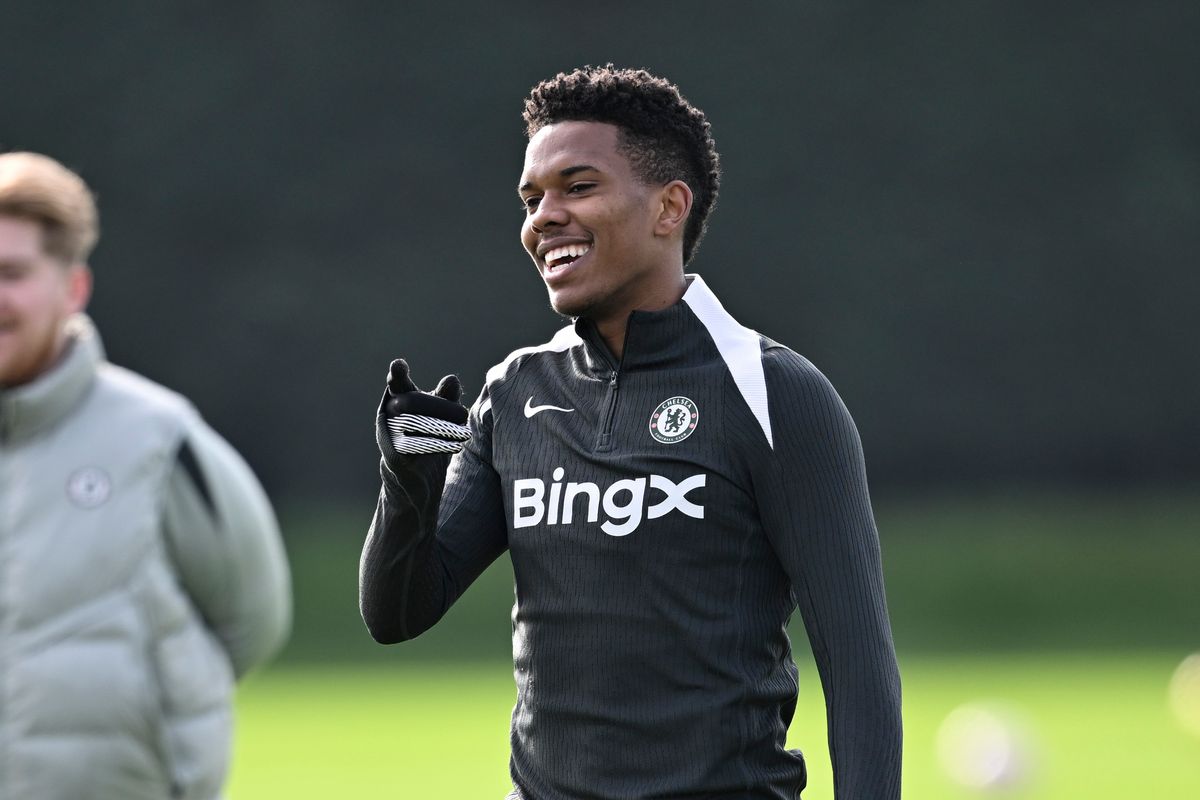 Estevao Willian of Chelsea during a training session at Chelsea Training Ground on February 9, 2026 in Cobham, England