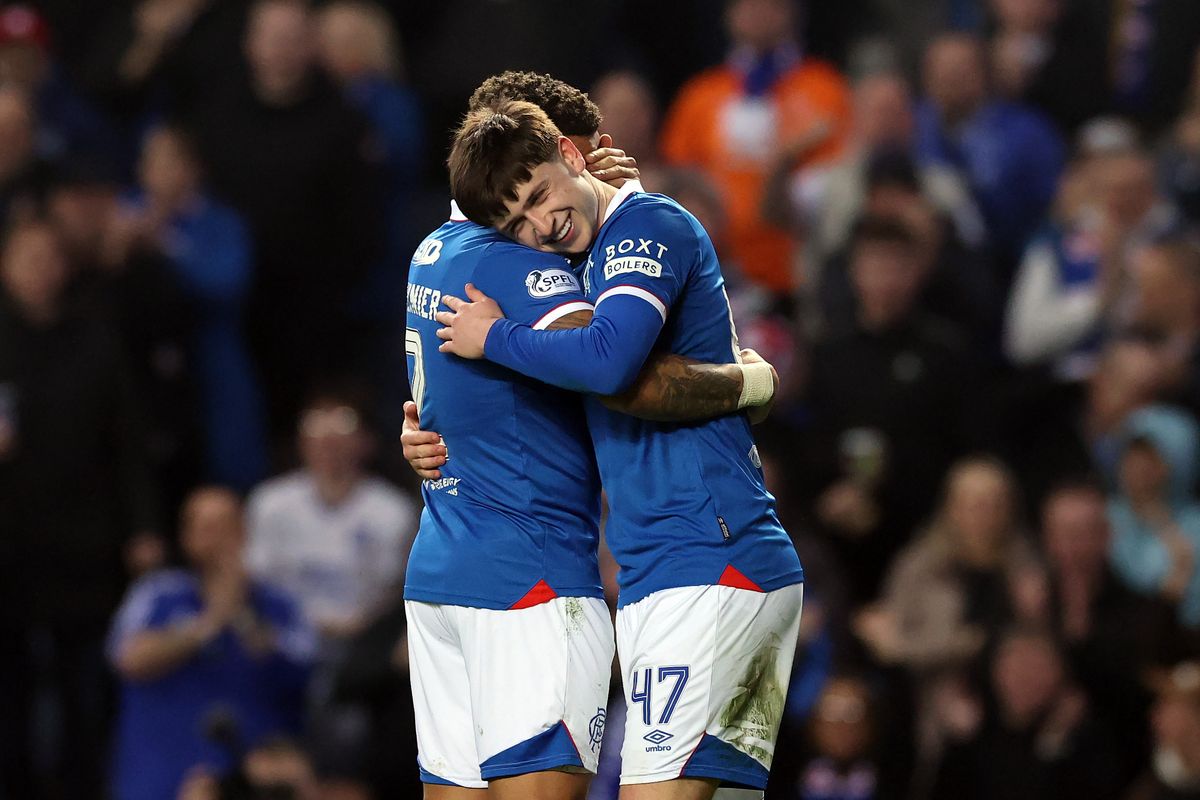 Mikey Moore celebrates after scoring during the William Hill Premiership match between Rangers and Aberdeen at Ibrox Stadium
