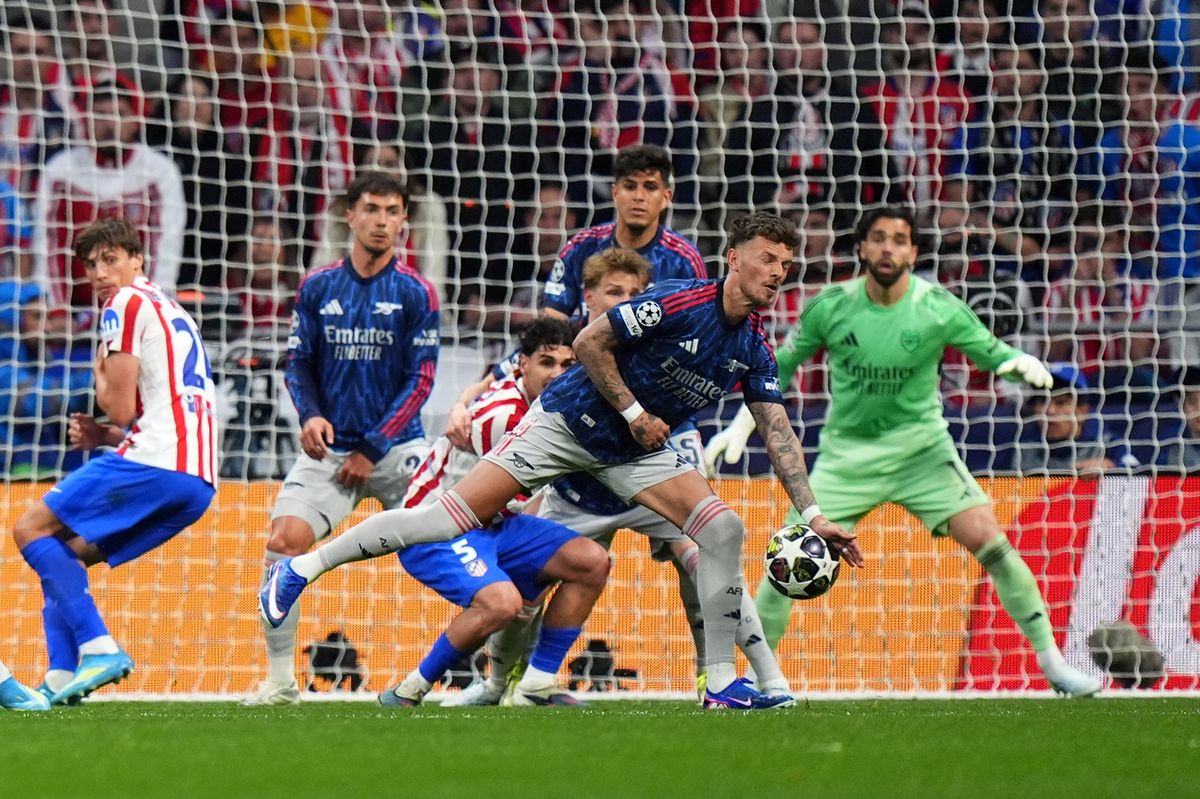 Ben White of Arsenal is adjudged to have handled the ball after a shot from Marcos Llorente