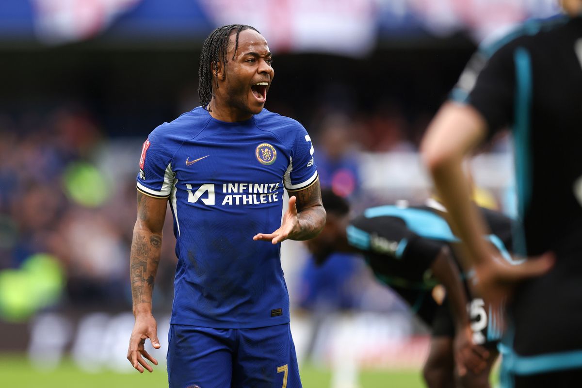 Raheem Sterling reacts during The Emirates FA Cup Quarter-Final match between Chelsea and Leicester City at Stamford Bridge. 