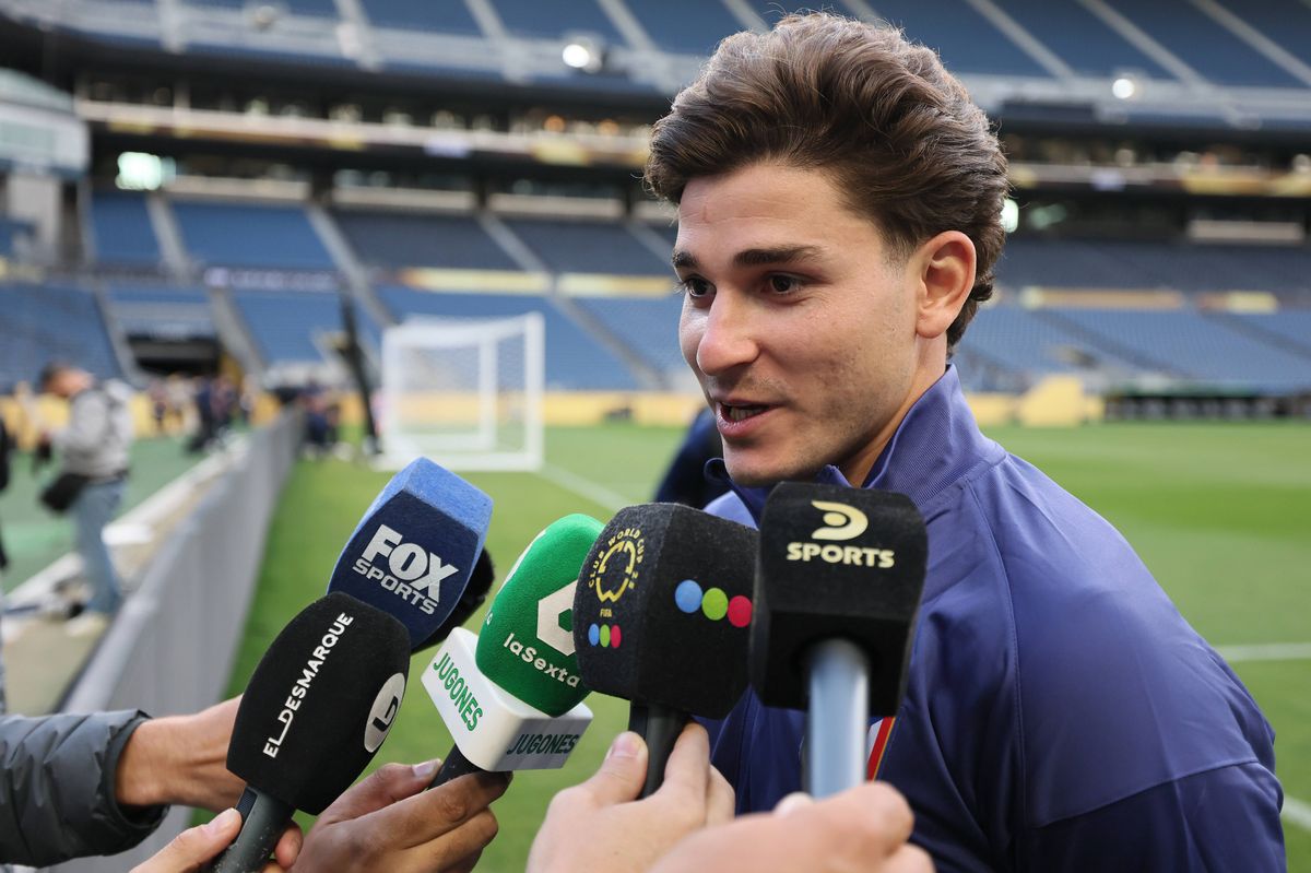 Julian Alvarez #19 of Club Atletico de Madrid speaks to the media during the press conference ahead of the FIFA Club World Cup 2025 match against Seattle Sounders FC