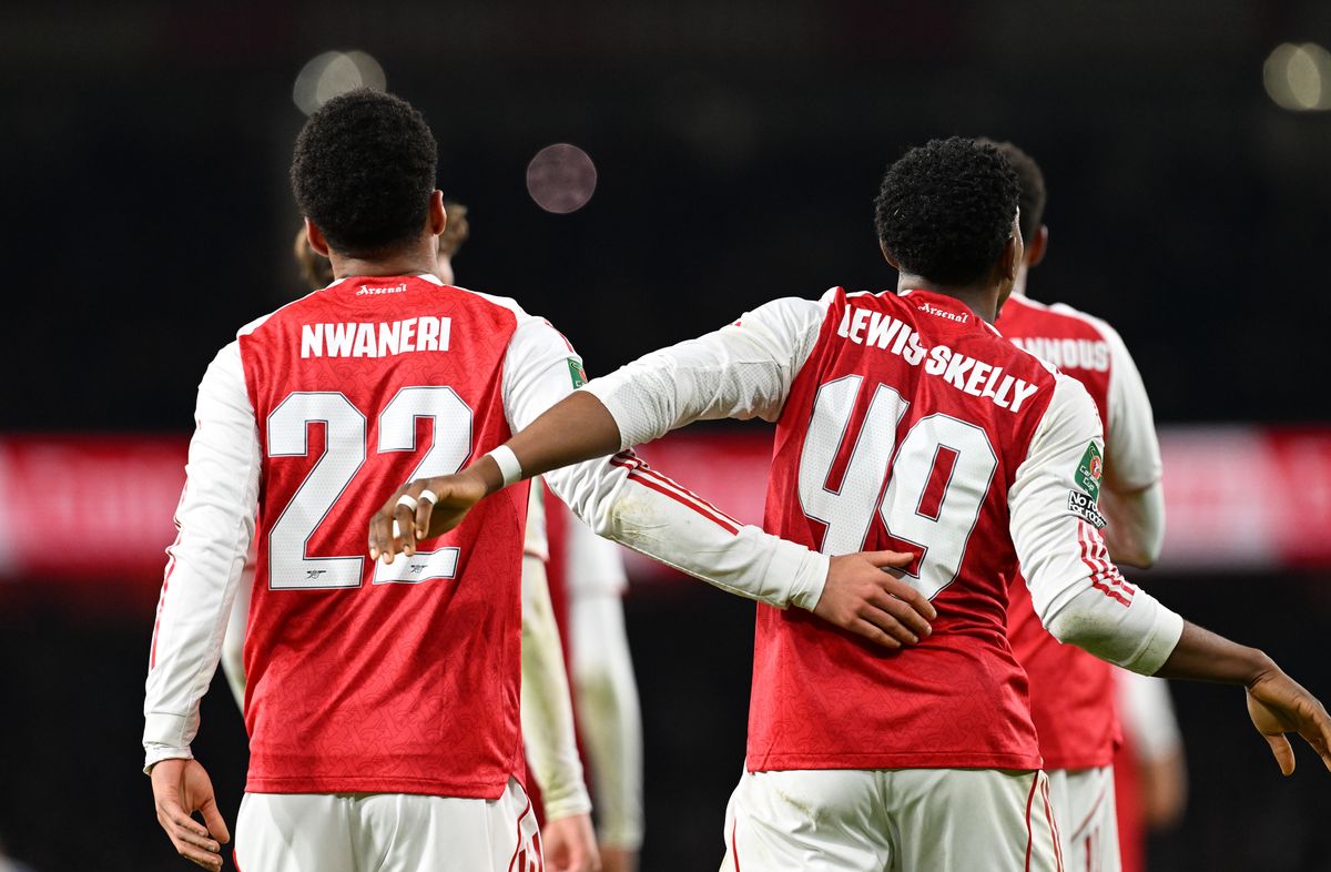 Ethan Nwaneri of Arsenal celebrates scoring his team's first goal with teammate Myles Lewis-Skelly during the Carabao Cup Fourth Round match between Arsenal and Brighton & Hove Albion at Emirates Stadium on October 29, 2025 in London, England. 