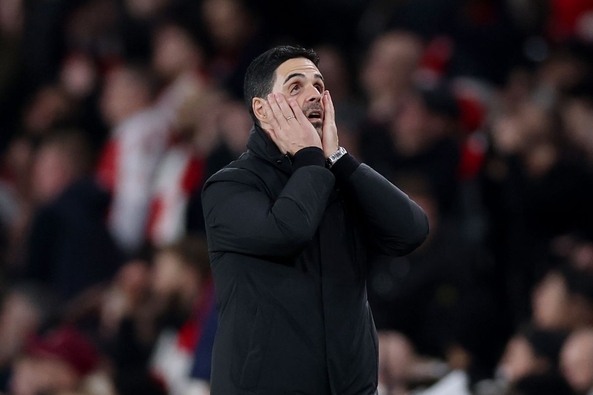 Mikel Arteta, Manager of Arsenal, reacts during the UEFA Champions League 2025/26 Round of 16 Second Leg match between Arsenal FC and Bayer 04 Leverkusen at Arsenal Stadium on March 17, 2026 in London, England