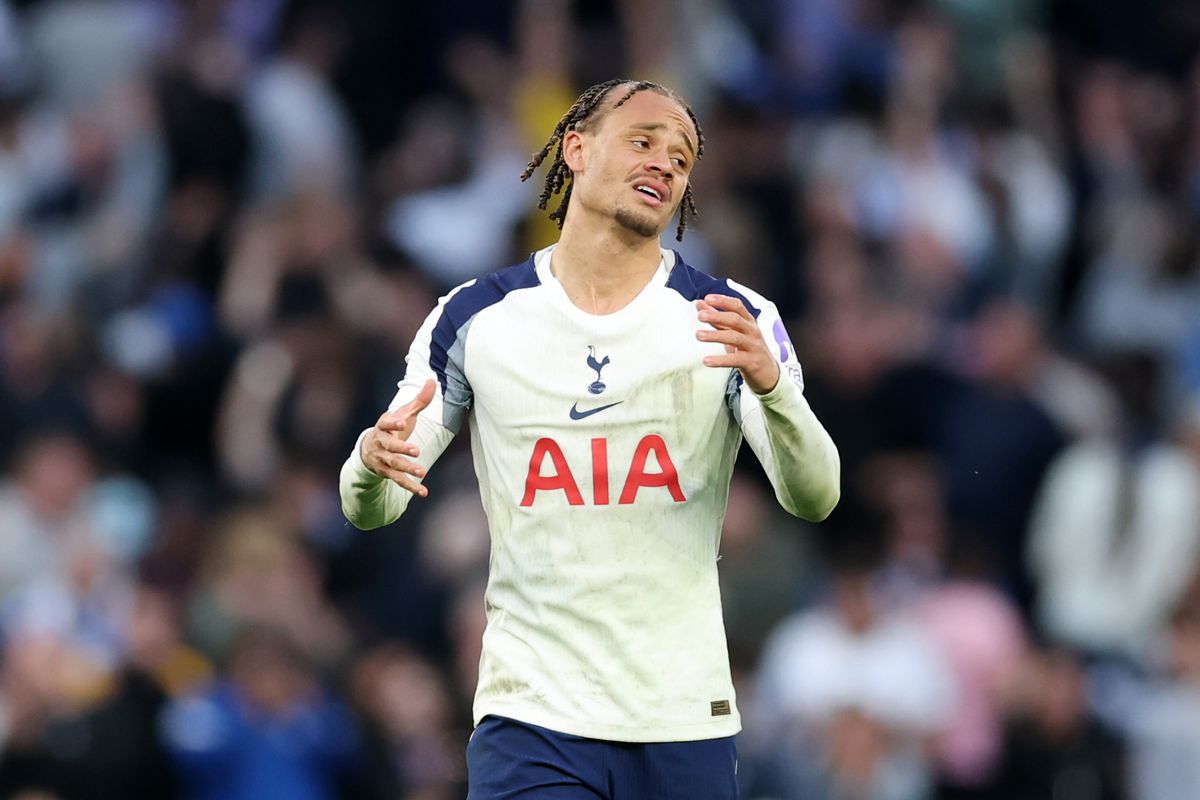 Xavi Simons of Tottenham Hotspur  reacts during the Premier League match between Tottenham Hotspur and Brighton & Hove Albion at Tottenham Hotspur Stadium on April 18, 2026 in London, England