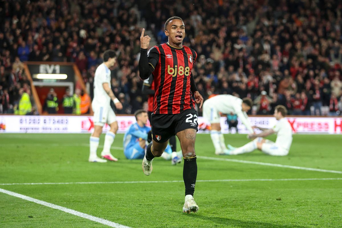 Eli Junior Kroupi of Bournemouth celebrates after he scores a goal to make it 1-0 during the Premier League match between Bournemouth and Leeds United