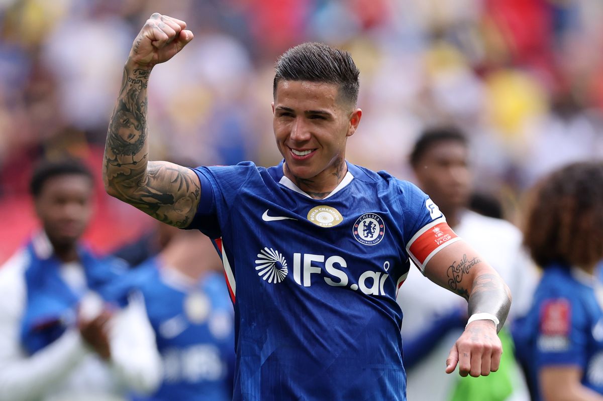 Enzo Fernandez of Chelsea celebrates victory after the Emirates FA Cup Semi Final match between Chelsea and Leeds United at Wembley Stadium on April 26, 2026 in London, England