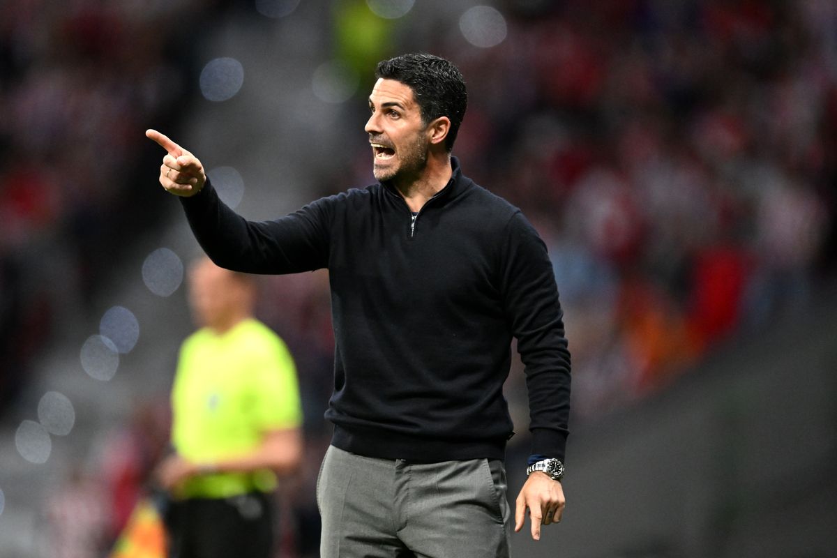 Mikel Arteta, Manager of Arsenal, reacts during the UEFA Champions League 2025/26 Semi Final First Leg match between Atletico de Madrid and Arsenal FC at Metropolitano Stadium on April 29, 2026 in Madrid, Spain