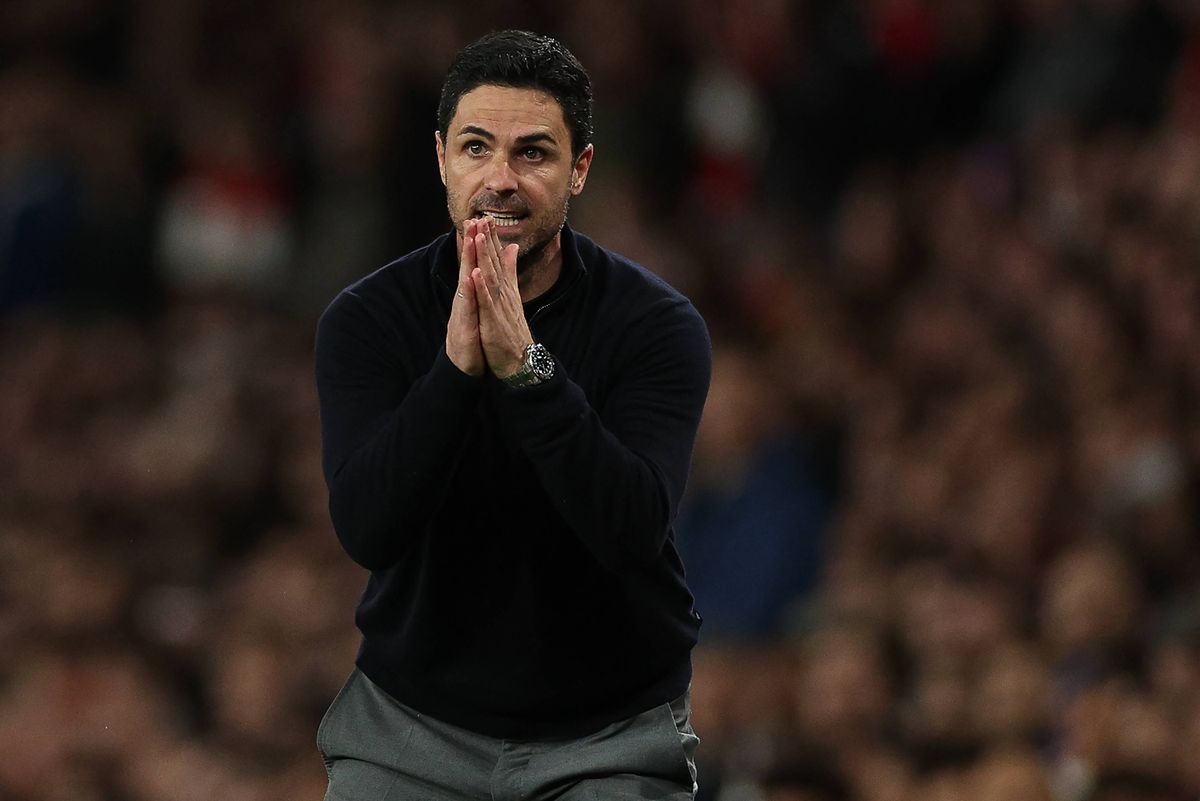 Arsenal's Spanish manager Mikel Arteta reacts during the UEFA Champions League quarter-final, second-leg football match between Arsenal and Sporting Lisbon at the Emirates Stadium in north London on April 15, 2026.