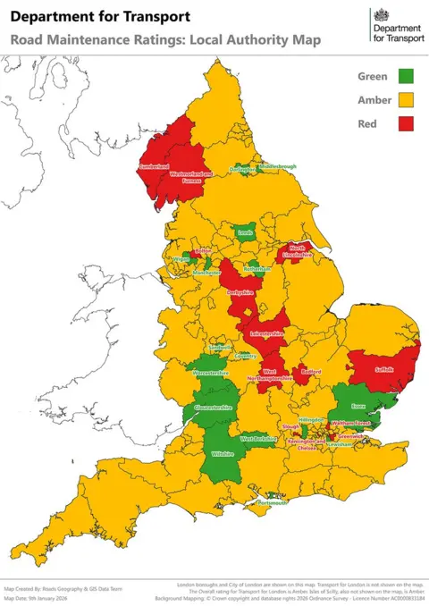 Department for Transport Map of the UK showing local authorities' green, amber, and red ratings for road maintenance 