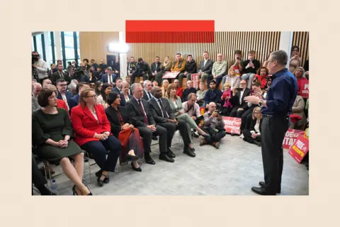 Getty Images Cabinet members (L-R) Education Secretary, Bridget Phillipson, Minister without Portfolio, Anna Turley, Home Secretary Shabana Mahmood, Housing Secretary, Steve Reed, Deputy Prime Minister, David Lammy, and Chancellor of the Exchequer Rachel Reeves, watch as Prime Minister Keir Starmer launches Labour's local election campaign