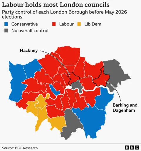 A map showing Labour holds most London councils, before May 2026 elections 
