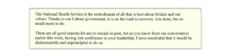 Excerpt from West Streeting's letter reading: The National Health Service is the embodiment of all that is best about Britain and our values. Thanks to our Labour government, it is on the road to recovery: lots done, but so much more to do.